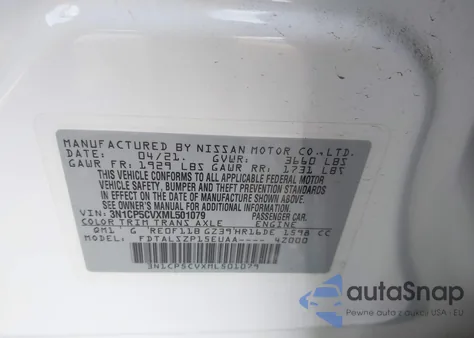 2021 Nissan Kicks Sv Xtronic Cvt z USA, uszkodzony, nr VIN 3N1CP5CVXML501079